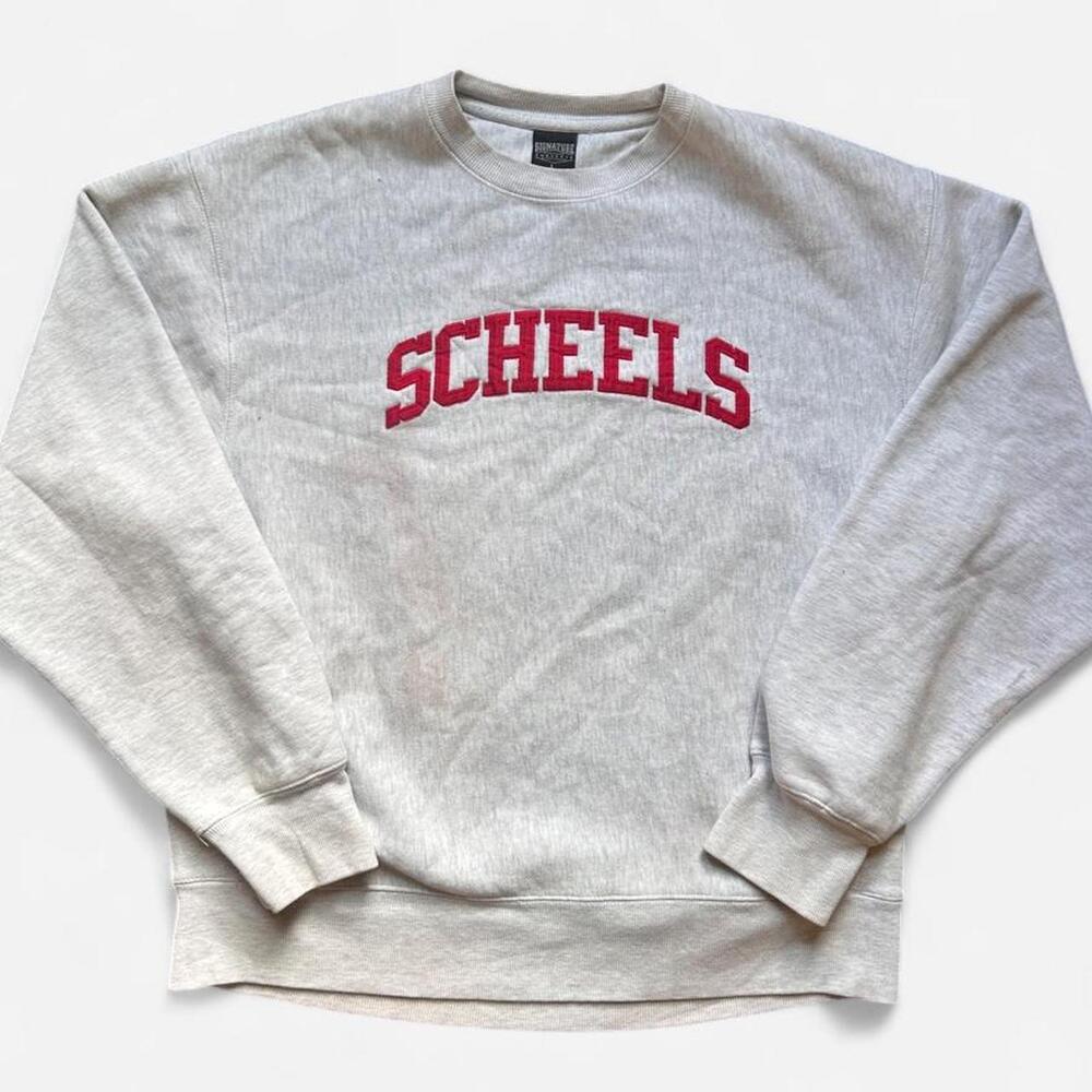 Vintage 90s Scheels Embroidered Crewneck Sweatshirt Red Logo Thick Fleece Mens